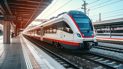 Fototapeta premium Modern High-Speed Train at the Station at Sunset. Generative ai