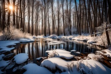 A frozen stream of water meanders through a pristine forest, its surface adorned with a delicate layer of frost