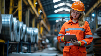 Heavy Industry Engineer/Worker in Safety Uniform and Hard Hat Using Tablet Computer. Successful Female Industrial Specialist Walking in Metal Manufacture Warehouse.