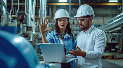 Male and Female Industrial Engineers in Hard Hats Discussing New Project while Using Laptop. Gesturing and Working in Heavy Industry Manufacturing Factory.