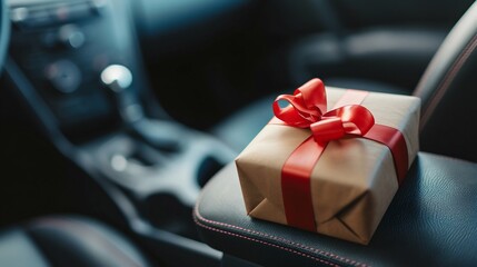 Gift Box on a Car Seat, Concept of Surprise and Generosity. Generative ai - obrazy, fototapety, plakaty