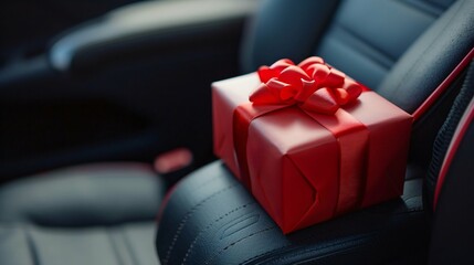 Gift Box on a Car Seat, Concept of Surprise and Generosity. Generative ai