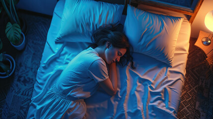 Top View of Beautiful Young Woman Sleeping Comfortably on Bed in Bedroom at Night. Blue Night Colors with Dim Lamppost Light Shining Through Window.