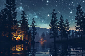 Fototapeta premium Night camping in the forest on the lake shore under the starry sky. AI generative