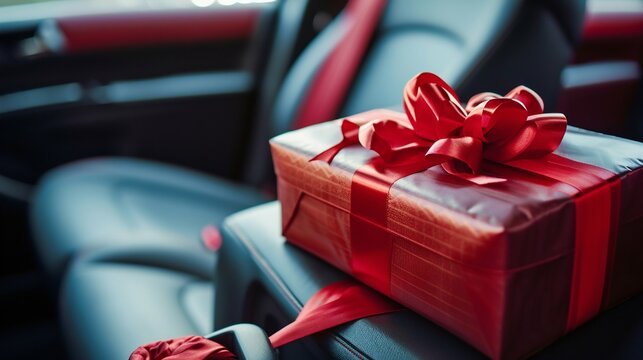 Gift Box on a Car Seat, Concept of Surprise and Generosity. Generative ai