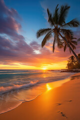 Fototapeta na wymiar Beautiful sunset tropical beach with palm trees.
