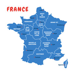 Political map of France with french regions. Hand drawn vector illustration