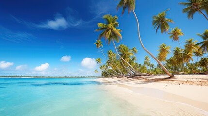 beautiful beach and tropical sea with green coconut trees, clear blue sky