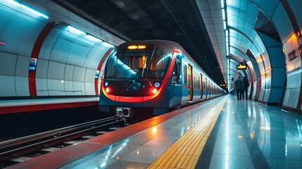 Modern Metro Train Arriving at the Station. Generative ai - obrazy, fototapety, plakaty