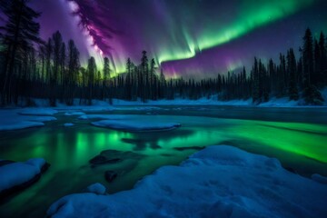 A frozen stream of water transforms into a glittering masterpiece under the vibrant hues of the northern lights