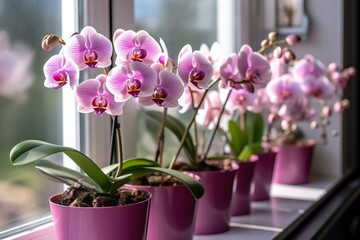 Fototapeta na wymiar Moth orchids on windowsill growing phalaenopsis