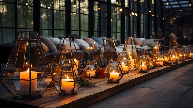 Glass candles in industrial-inspired holders, contributing to a chic and urban aesthetic in a modern loft space