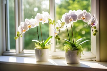 Moth orchids on windowsill growing phalaenopsis - obrazy, fototapety, plakaty
