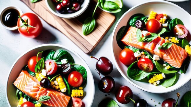 Indulge in culinary journey with this delectable image, where a perfectly grill fish steak takes center stage, accompanied by vibrant vegetables, creating a mouthwatering salad for delightful lunch