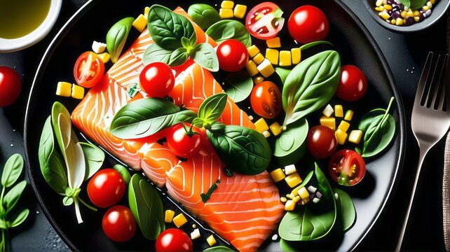 Indulge in culinary journey with this delectable image, where a perfectly grill fish steak takes center stage, accompanied by vibrant vegetables, creating a mouthwatering salad for delightful lunch
