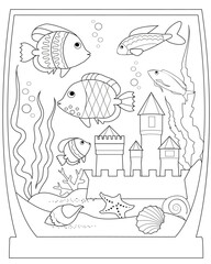 Coloring book page with aquarium or underwater scene with fish and castle. Vector illustration.
