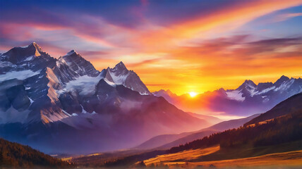 a snow mountain peak and the sunrise view 