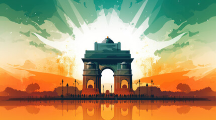 India gate, Delhi background in orange, white, green colors Independence Day of India. Generative ai - obrazy, fototapety, plakaty