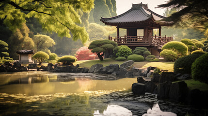 A breathtaking photograph capturing a serene cultural garden, where architectural elements coexist with natural beauty, showcasing the balance and elegance of the landscape