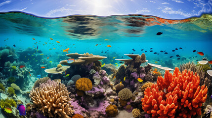Naklejka na ściany i meble A breathA breathtaking photo of a vibrant coral reef teeming with marine life, vivid colors of corals, and a variety of fish showcasing the beauty and importance of the underwater ecosystem.