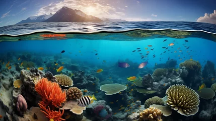 Foto op Aluminium A breathA breathtaking photo of a vibrant coral reef teeming with marine life, vivid colors of corals, and a variety of fish showcasing the beauty and importance of the underwater ecosystem. © Игорь Зубченко
