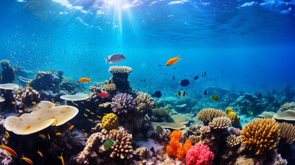 A breathA breathtaking photo of a vibrant coral reef teeming with marine life, vivid colors of...