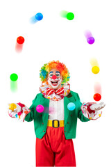 Funny clown ball juggling. Entertainer Joker in colorful suit and wig. Buffoon with clown whiteface...