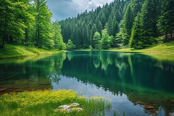 beautiful view with lake in the forest