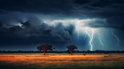 A captivating photograph capturing a dramatic lightning storm over a vast savannah, showcasing the atmospheric intensity and the striking beauty of the natural phenomenon - obrazy, fototapety, plakaty