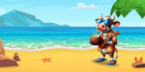Cow vacation Beach holidays cow drinking cocktail beach maldives bahamas cow chilling relaxing recovering cow milk commercial advertisement meme concept kids book cover banner poster digital art calf