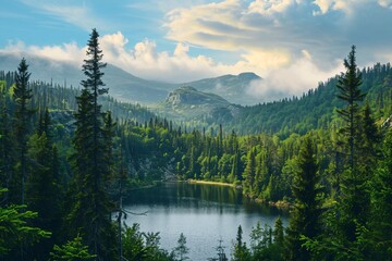 beautiful view with lake in forest and amazing