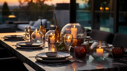 Glass candles of varying heights and shapes as a centerpiece on a marble dining table, creating a sophisticated ambiance. - obrazy, fototapety, plakaty