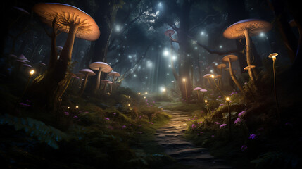 A captivating photograph capturing a magical, mystical forest with luminescent, fairy-tale creatures, showcasing the ethereal beauty and the imaginative journey into enchanted realms - obrazy, fototapety, plakaty