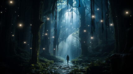 A captivating photograph capturing a magical, mystical forest with luminescent, fairy-tale creatures, showcasing the ethereal beauty and the imaginative journey into enchanted realms - obrazy, fototapety, plakaty