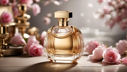 Obraz na płótnie Canvas Bottle of perfume with rose flowers