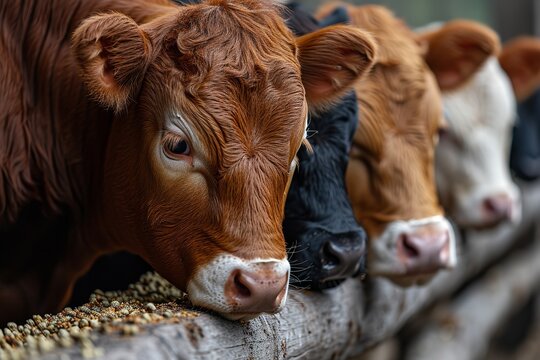 A close-up of calves on an animal farm consuming a notion involved with the meat industry, Generative AI.