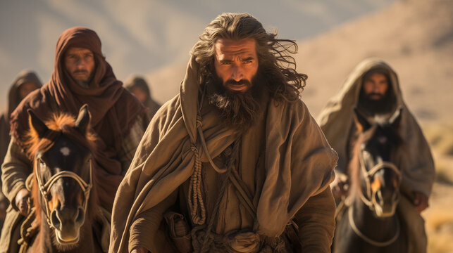 A captivating photo of desert nomads navigating windswept expanses, their attire and determined expressions embodying the rugged essence of wanderers.