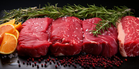 beef steaks with spices Ribeye steak with peppercorn and rosemary isolated Savor the raw beauty, Tender beef with spices Beef filet mignon steaks with herb and lemon pieces on dark background.
