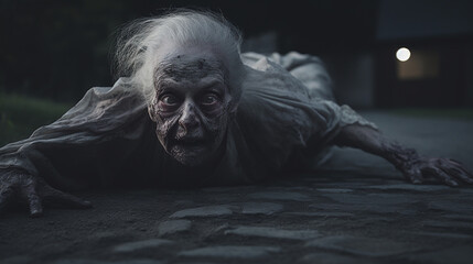 Fototapeta na wymiar Scary elderly Senior grandma Zombie crawling on the street