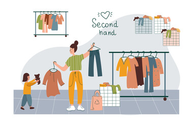 Family customer buying clothes.  Mom and child  shopping in flea market or second hand shop. Eco sustainable fashion concept. Cheap garage sale, second hand shop. Flat vector cartoon illustration