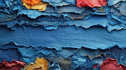  a close up of a piece of cloth that has been torn off and is blue and has red and yellow flowers on the bottom of the edges of the fabric. - obrazy, fototapety, plakaty