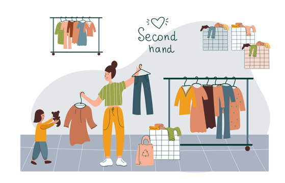 Family customer buying clothes.  Mom and child  shopping in flea market or second hand shop. Eco sustainable fashion concept. Cheap garage sale, second hand shop. Flat vector cartoon illustration