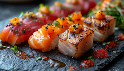Set of sushi and maki roll on stone table. close up. looking delicious