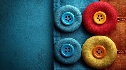  a group of three buttons sitting on top of a blue piece of cloth on top of a blue cloth covered wall next to a blue and orange piece of cloth.