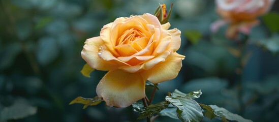 Golden fairy tale rose close up in the garden.