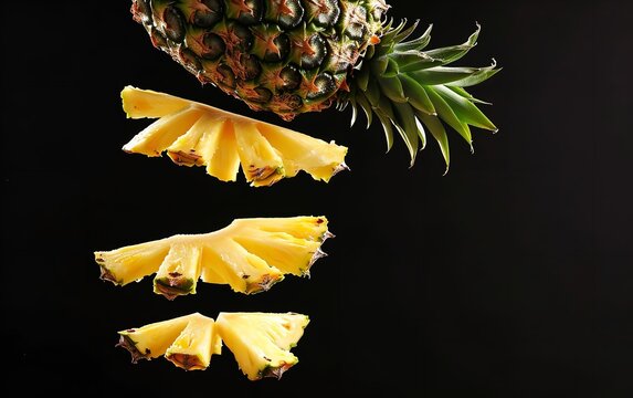 A slice of fresh pineapple, sliced and soaring over a black backdrop with empty space, Generative AI.