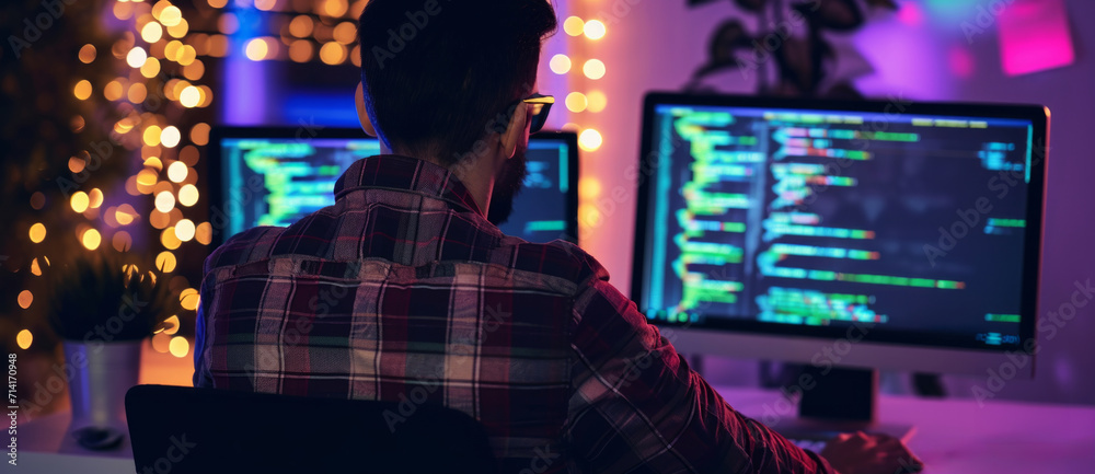 Wall mural programmer immersed in code during a late-night session, surrounded by ambient lights