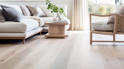 Close-up of a light oak engineered hardwood floor in a Scandinavian-style living room, with a clean and natural finish