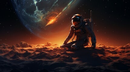 A man wearing a space suit is seen sitting on the ground - obrazy, fototapety, plakaty