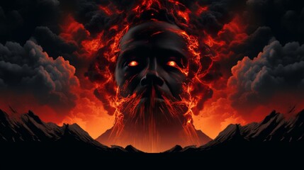 A striking digital painting featuring a demonically-themed face set against the backdrop of majestic mountains
